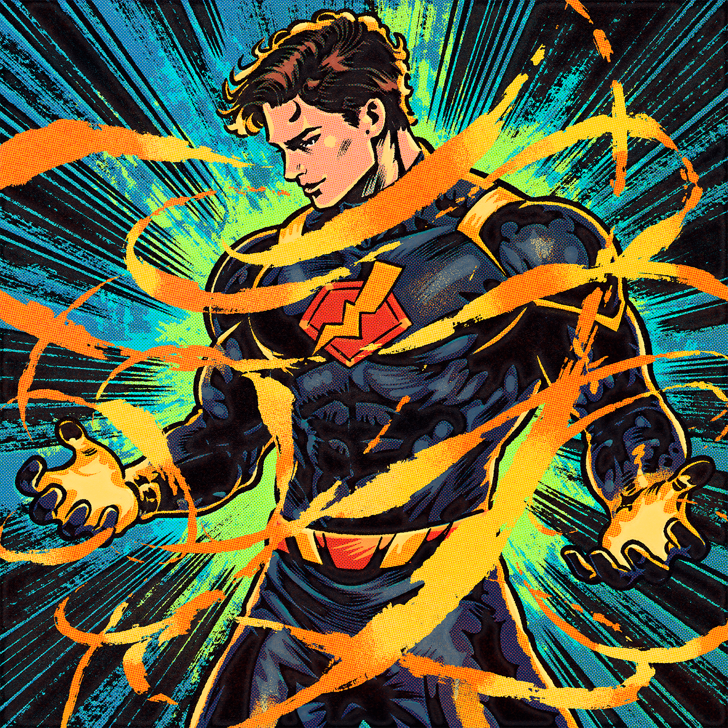 Heroic figure projecting energy rays — visualizing the power of science